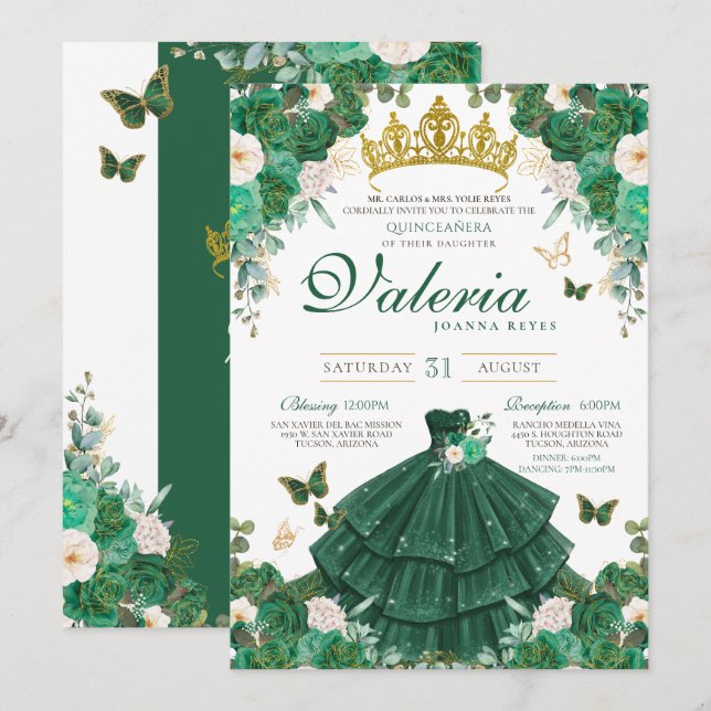 Invitation Emerald Green Butterfly Princess Quinceanera Rose (Devant / Derrière)