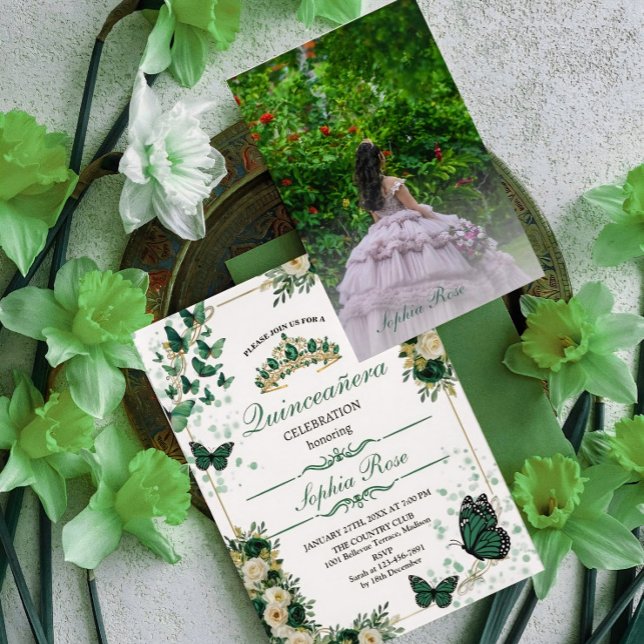 Invitation Emerald Green Butterfly Quinceañera Photo Invite (Créateur téléchargé)
