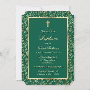 Invitation Emerald Green Cross Script Verdure Baptême