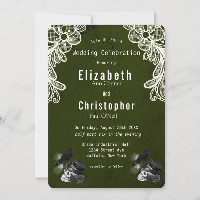Invitation Emerald Green Crow Crâne Rose Mariage gothique (Devant)
