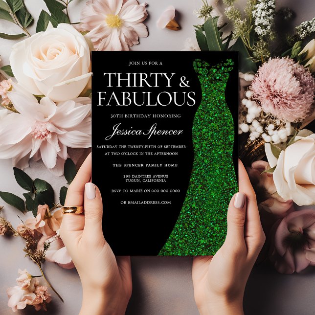 Invitation Emerald Green Dress & Black 30th Birthday Party (Créateur téléchargé)