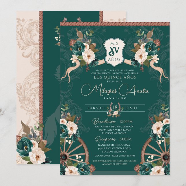 Invitation Emerald Green Elegant Baroque Charro Quinceanera (Devant / Derrière)