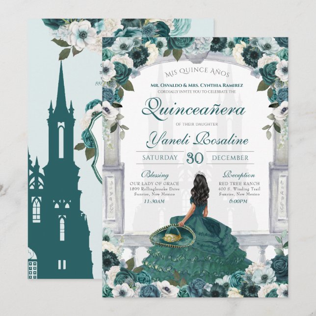 Invitation Emerald Green Elegant Charro Princess Quinceanera (Devant / Derrière)