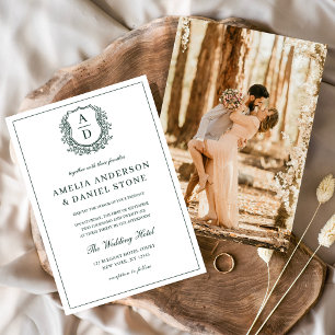 Invitation Emerald Green Elegant Crest Monogram Mariage