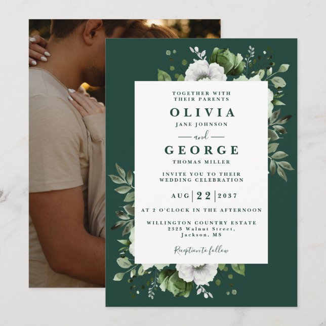 Invitation Emerald Green Elegant Floral Photo Mariage (Devant / Derrière)