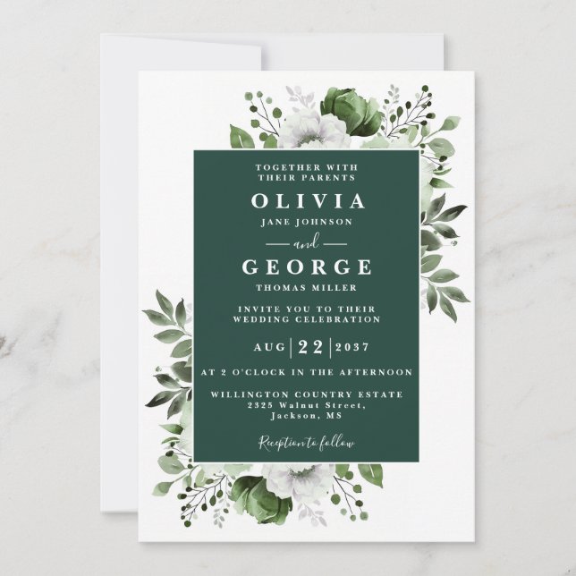 Invitation Emerald Green Élégant Floral Tout en un Mariage (Devant)