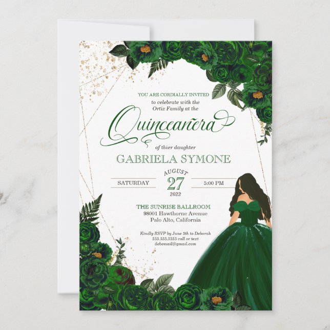 Invitation Emerald Green Elegant Roses et Gown 2 Quinceanera (Devant)