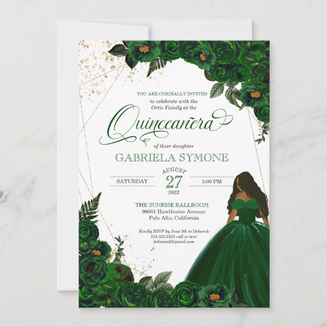 Invitation Emerald Green Elegant Roses et Gown 2 Quinceanera (Devant)