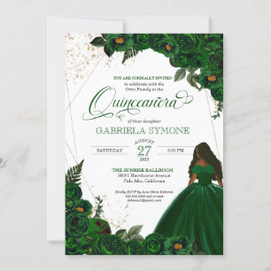 Invitation Emerald Green Elegant Roses et Gown 2 Quinceanera