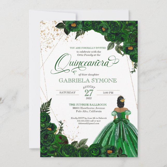 Invitation Emerald Green Elegant Roses et Gown Quinceanera (Devant)