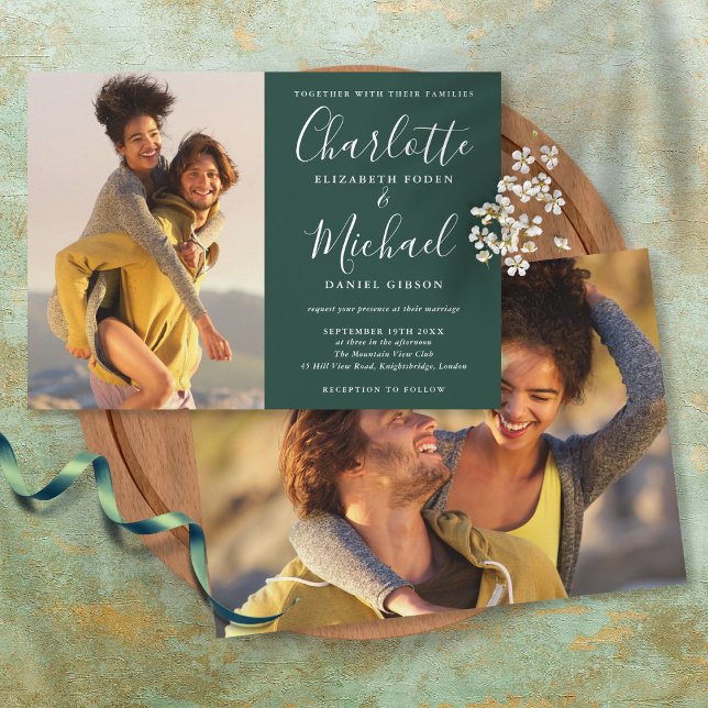 Invitation Emerald Green Élégant Script Photos Mariage (Créateur téléchargé)