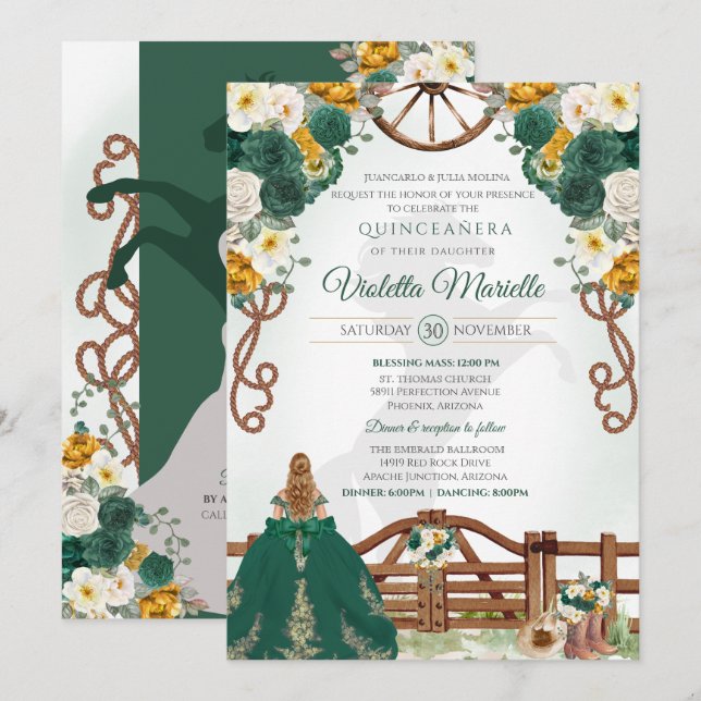 Invitation Emerald Green Elegant Western Charro Quinceanera (Devant / Derrière)