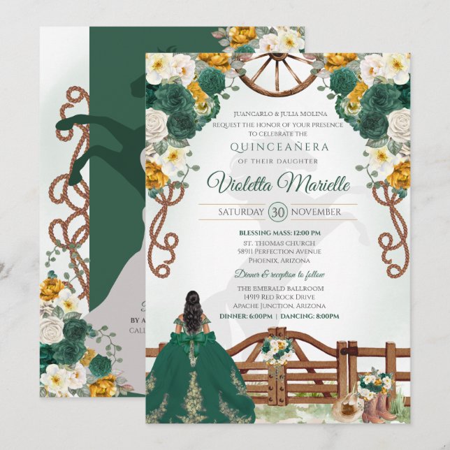 Invitation Emerald Green Elegant Western Charro Quinceanera (Devant / Derrière)