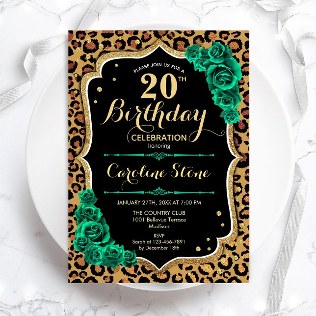 Invitation Emerald Green Empreinte de léopard Rose 20e annive (Créateur téléchargé)