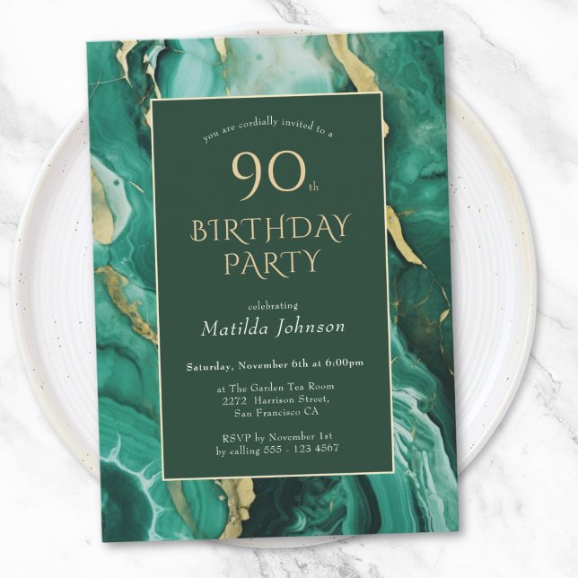 Invitation Emerald Green et Gold Agate 90e anniversaire (Emerald Green and Gold Agate 90th Birthday Invitation)