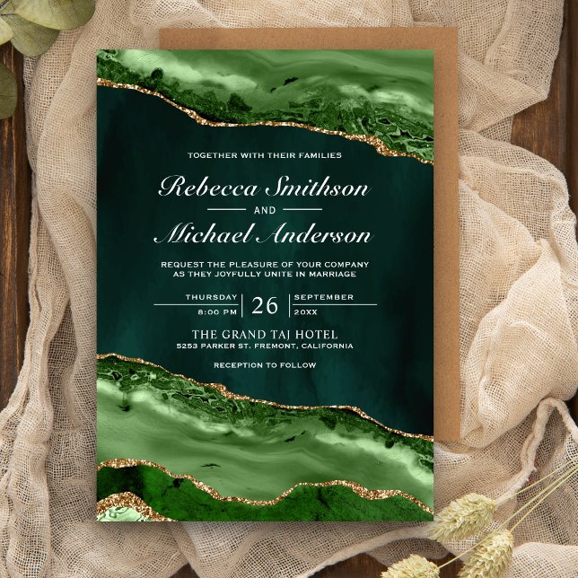 Invitation Emerald Green et Gold Agate Mariage en marbre (Créateur téléchargé)
