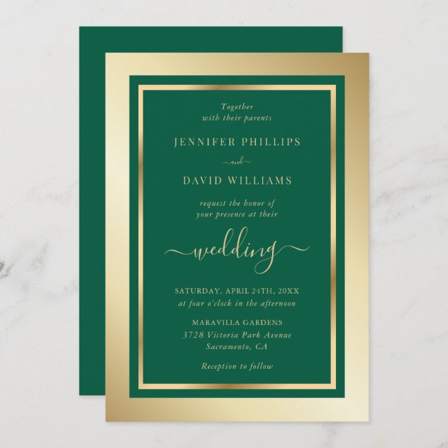 Invitation Emerald Green et Gold Elegant Script Mariage (Devant / Derrière)
