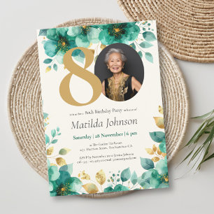 Invitation Emerald Green et Gold Floral 80e anniversaire