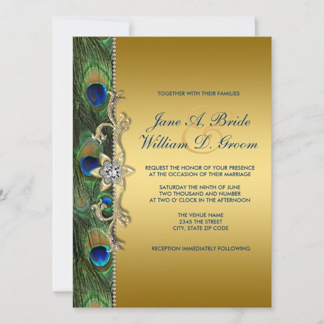Invitation Emerald Green et Gold Peacock Mariage (Devant)