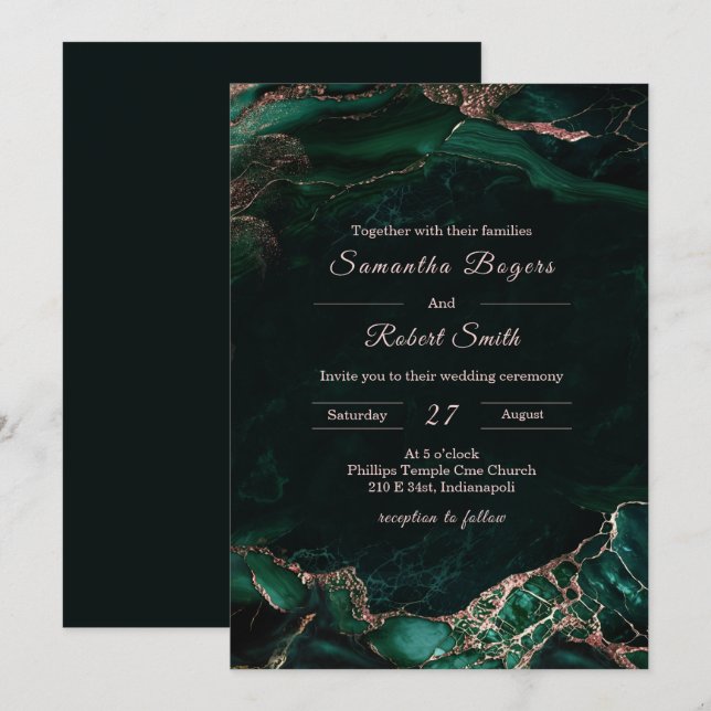 Invitation Emerald Green et Rose Gold Mariage (Devant / Derrière)