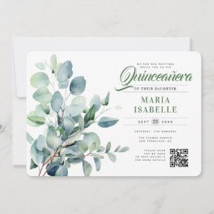 Invitation Emerald Green Eucalyptus Sage QR Code Quinceañera