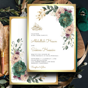 Invitation Emerald Green Floral Branch QR Code Mariage musulm