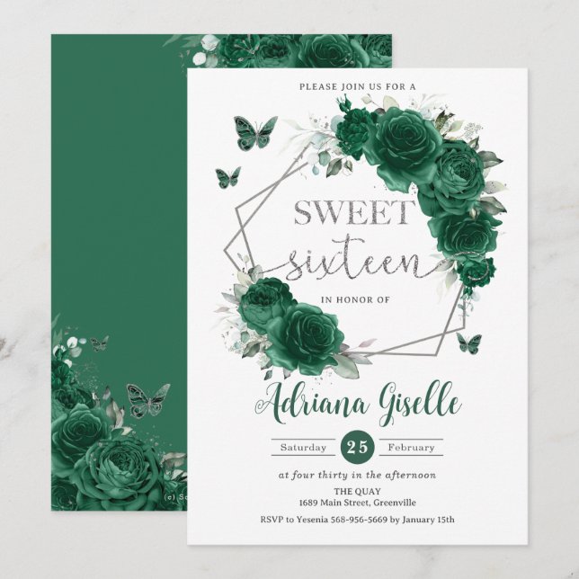 Invitation Emerald Green Floral Butterflies Sweet 16 Annivers (Devant / Derrière)