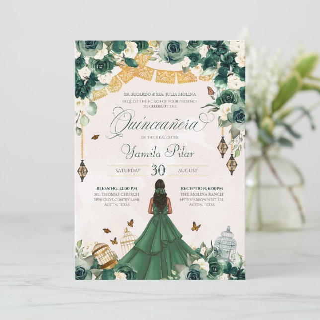 Invitation Emerald Green Floral Butterfly Garden Elégant Anni (Debout devant)