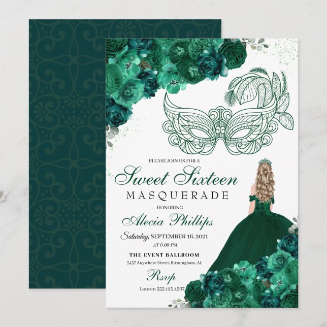 Invitation Emerald Green Floral Masquerade Sweet 16 invitatio (Devant / Derrière)