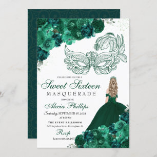 Invitation Emerald Green Floral Masquerade Sweet 16 invitatio
