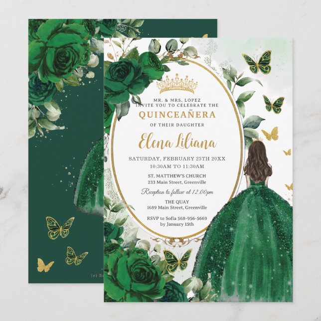 Invitation Emerald Green Floral Princess Gold Quinceañera (Devant / Derrière)