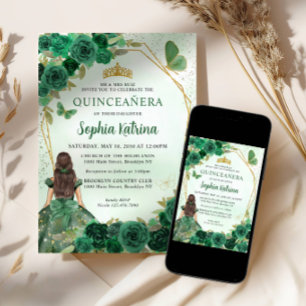 Invitation Emerald Green Floral Princess Quinceañera