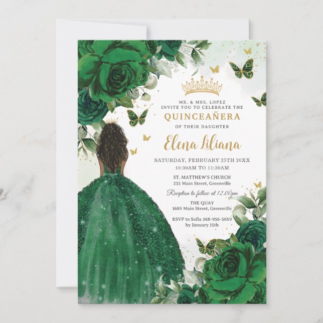 Invitation Emerald Green Floral Princess Quinceañera Sweet 16 (Devant)