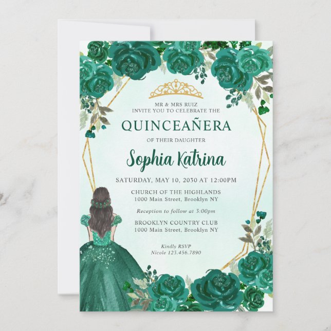 Invitation Emerald Green Floral Princesse Tiara Quinceañera I (Devant)