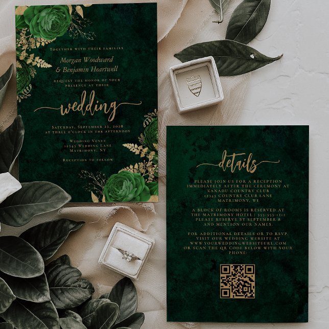 Invitation Emerald Green Floral QR Code Mariage (Créateur téléchargé)