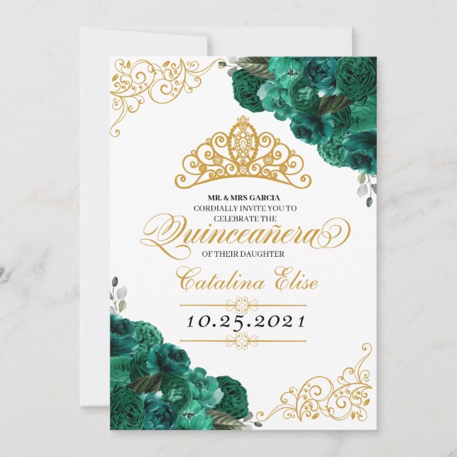 Invitation Emerald Green Floral Quinceanera Anniversaire (Devant)