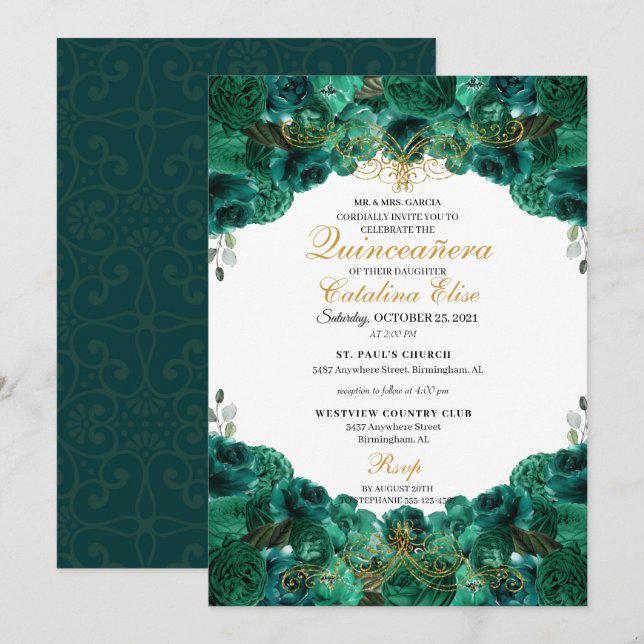 Invitation Emerald Green Floral Quinceanera Anniversaire (Devant / Derrière)