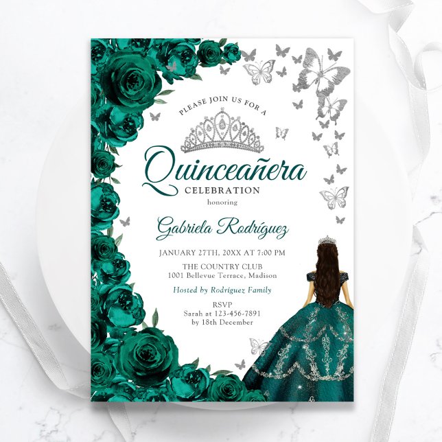 Invitation Emerald Green Floral Silver White Quinceanera (Créateur téléchargé)