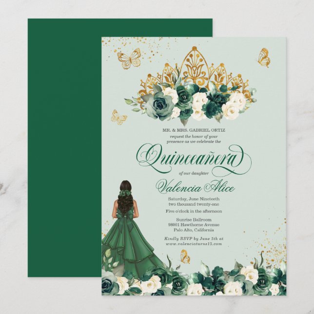 Invitation Emerald Green Floral Tiara + Butterfly Quinceanera (Devant / Derrière)