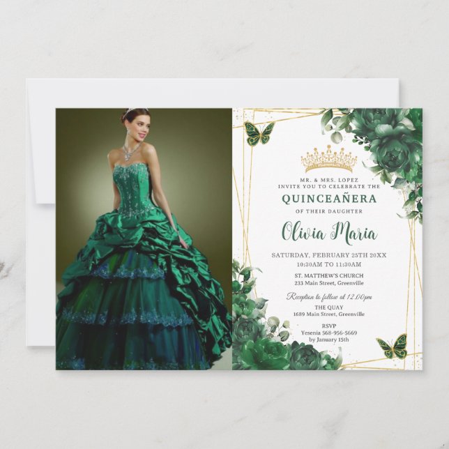 Invitation Emerald Green Flowers Floral Quinceañera Photo (Devant)