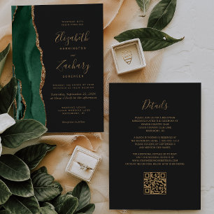 Invitation Emerald Green Gold Agate Ardoise QR Code Mariage