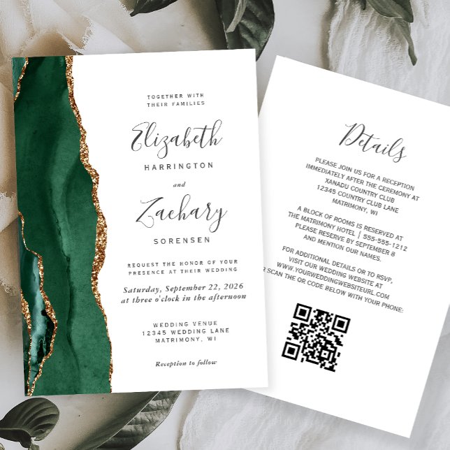 Invitation Emerald Green Gold Agate Blanc QR Code Mariage (Créateur téléchargé)
