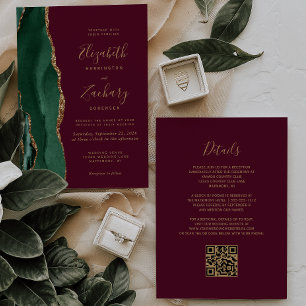 Invitation Emerald Green Gold Agate Bourgogne Code QR Mariage