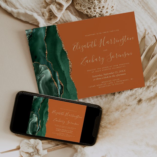 Invitation Emerald Green Gold Agate Burning Orange Mariage (Créateur téléchargé)