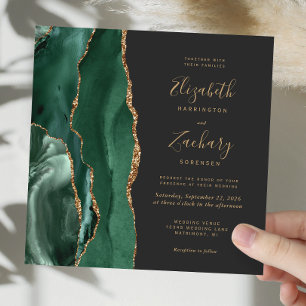 Invitation Emerald Green Gold Agate Carré foncé Mariage