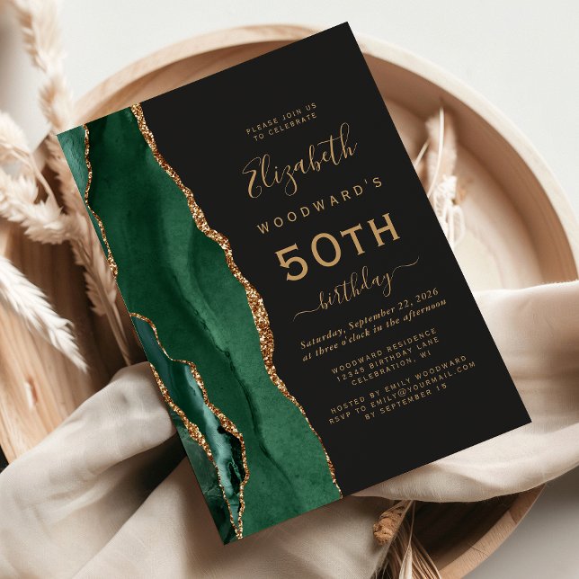 Invitation Emerald Green Gold Agate Dark 50th Birthday Party (Créateur téléchargé)