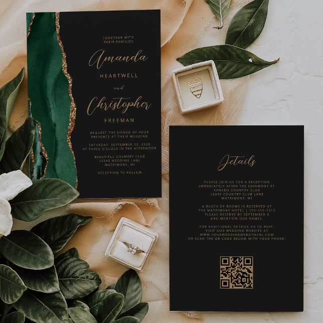 Invitation Emerald Green Gold Agate Dark QR Code Mariage (Créateur téléchargé)