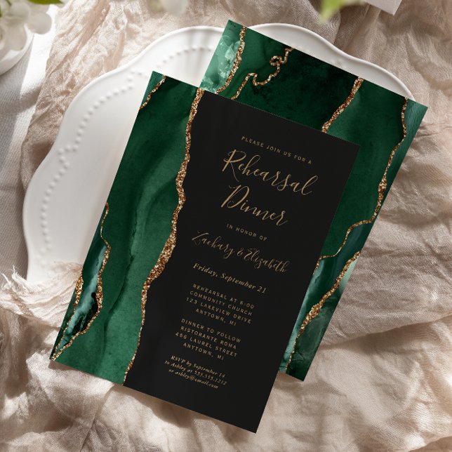 Invitation Emerald Green Gold Agate Dîner de répétition Maria (Créateur téléchargé)