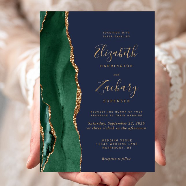 Invitation Emerald Green Gold Agate Mariage bleu marine (Créateur téléchargé)