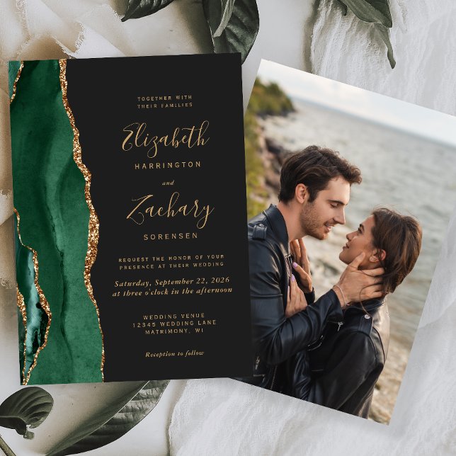 Invitation Emerald Green Gold Agate Photo Dark Mariage (Créateur téléchargé)